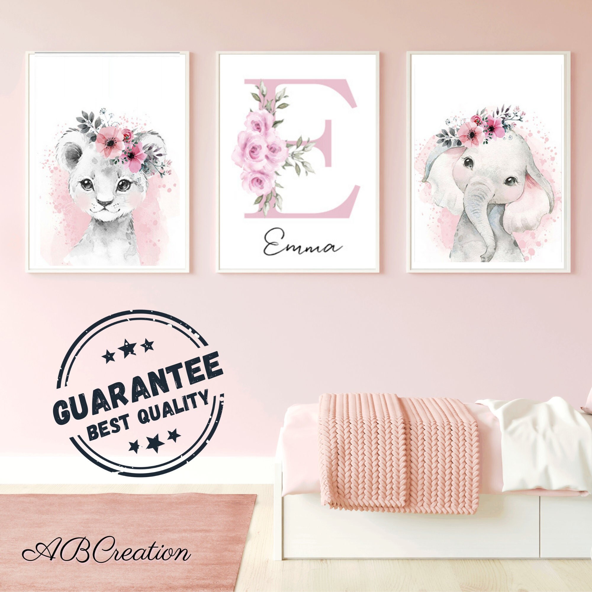 Affiche Bebe Personnalisée - Cadeau Naissance Décoration Chambre Bébé Initiale Fleurie Fille Triptyq