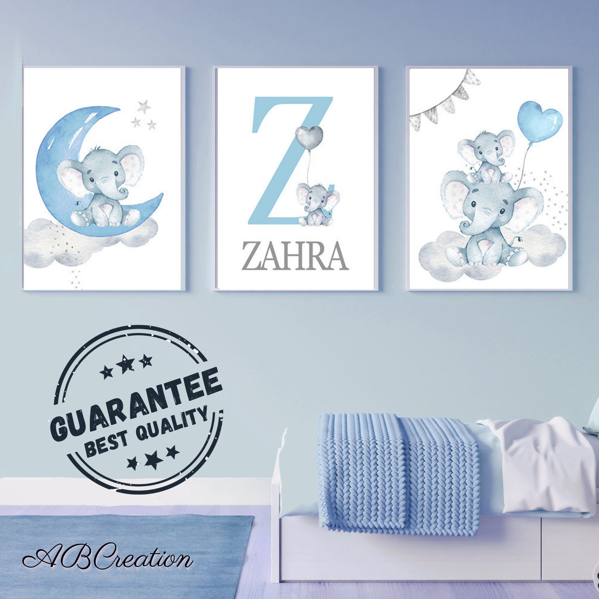 Set 3 Affiches Personnalisée Cadeau de Naissance - Triptyque Eléphant Bleu Ciel Décoration Chambre B
