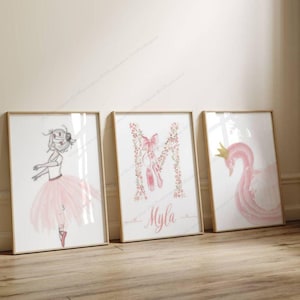 Set 3 affiches Personnalisée - Cadeau de Naissance - Triptyque Motif Danseuse, Cygne - Décoration Chambre Bébé ou Enfant Fille