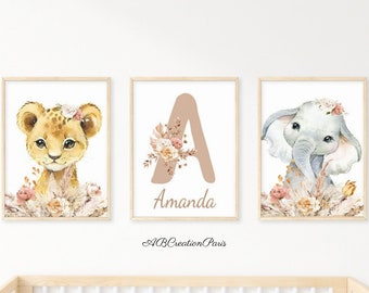 Set 3 affiches Personnalisées - Cadeau de Naissance - Décoration Chambre Enfant - Initiale Fleurie Fille - Triptyque Animaux de la Jungle