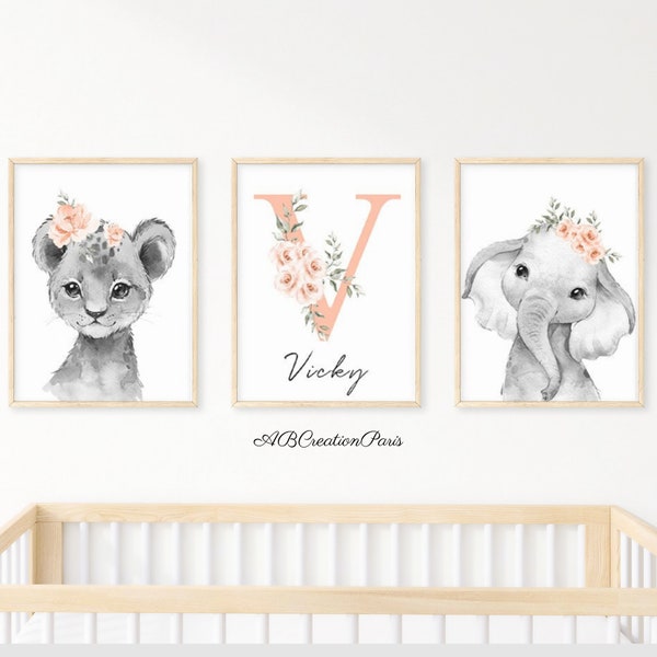 Set 3 affiches Personnalisées - Cadeau de Naissance -Décoration Chambre Bébé - Lion Girafe Elephant Zèbre Motif Couronne fleur Florale