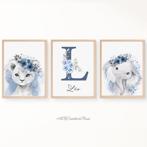 Kinderzimmerdekoration - Personalisiertes Geschenk zur Geburt - Blaues Poster für das Jungenzimmer - Dschungeldekor - Set mit 3 Savanna-Vornamenspostern