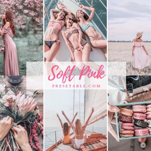 May include: A collage of images featuring a pink color theme. The images include a woman in a pink dress standing near a pink flowering tree, three women in swimsuits on a boat, a woman in a pink dress walking in a field, a bouquet of flowers being arranged, and a box of macarons.