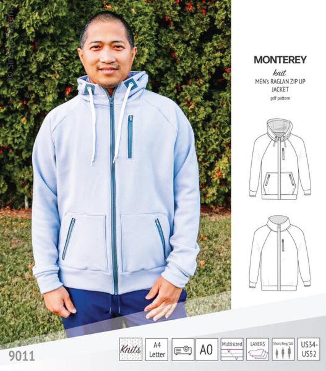 Monterey zippered knit raglan jacket for men Sewing Pattern Etsy