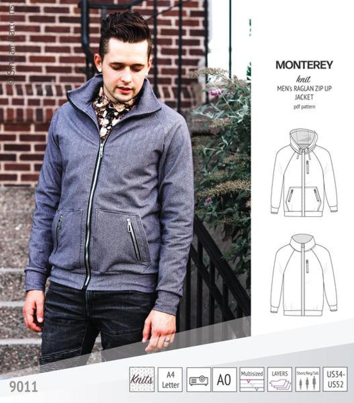 Monterey zippered knit raglan jacket for men Sewing Pattern Etsy