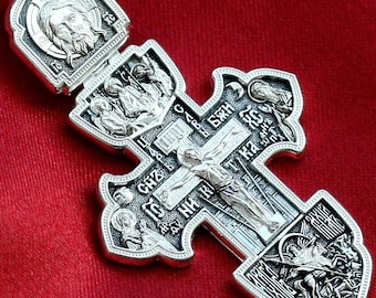 Saint George Strijder Heilige Drie-eenheid Grote Russisch Grieks-orthodoxe Doper Zilveren 925 gebedskruisbeeld.