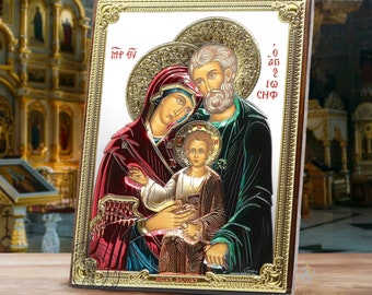 Orthodox Icon The Holy Family. Christian Prayer Icon Silver Plated .999 ( 5.12&quot; X 7.1&quot; ) 13cm X 18cm