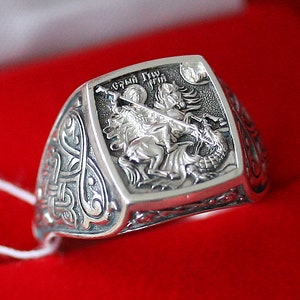 Saint George Warrior & Dragon Russian Orthodox Prayer Ring Sterling Silver 925. Christian Authentic Jewelry