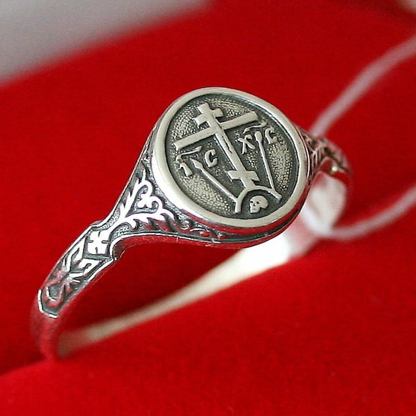 Christian Prayer Ring with a Cross  IC XC Sterling SIlver 925. Russian Greek Orthodox Jewelry