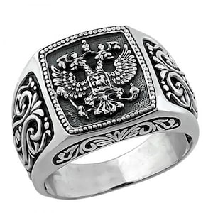 Men Orthodox Ring Double Headed Eagle Russian Federation Coat Silver 925 Authentic Jewelry