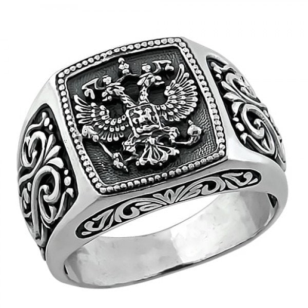 Men Orthodox Ring Double Headed Eagle Russian Federation Coat Silver 925 Authentic Jewelry