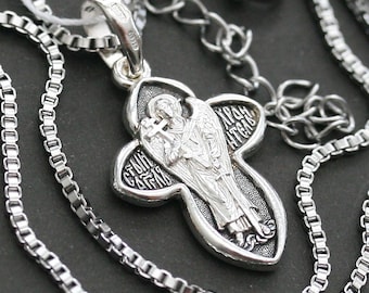 Silver 925 Cross Necklace Guardian Angel, Baptism & Confirmation Gift, Christian Orthodox Pendant for Men Women, 45cm Stainless Steel Chain