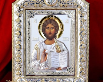 The Great Miraculous Large Christian Orthodox Silver Plated icon Christ Pantocrator 21cmx28cm Gold and Silver version/Frame With Glass