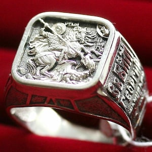 St. Georg Krieger & Drache Russisch-Orthodoxer Gebetsring Sterlingsilber 925. Christlicher authentischer Schmuck