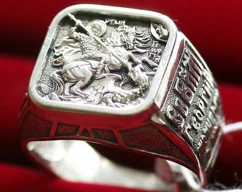 Saint George Warrior & Dragon Russian Orthodox Prayer Ring Sterling Silver 925. Christian Authentic Jewelry