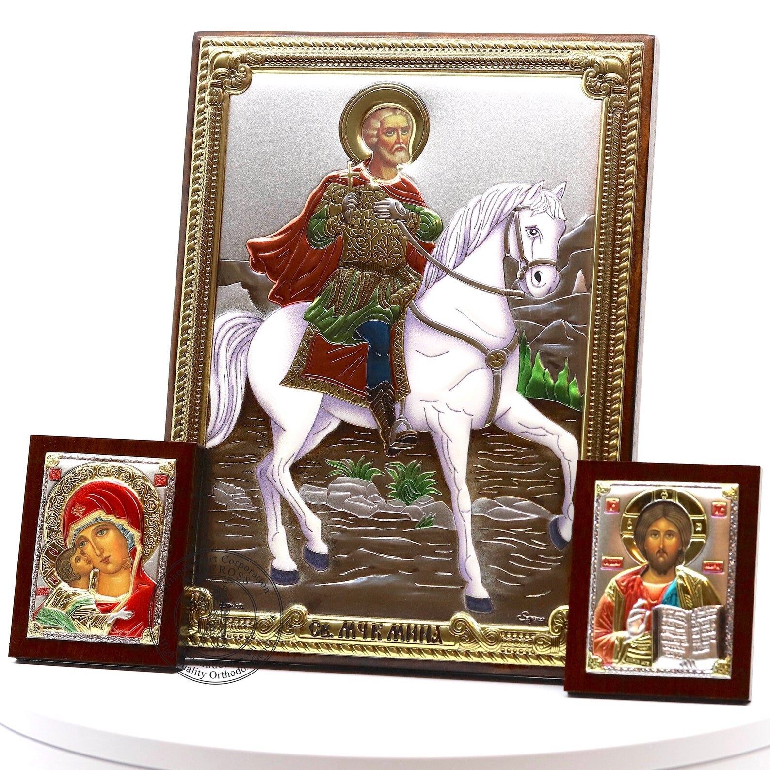 Saint Mina Wonderworker + 2 Small Icons Set. Christian Icon Silver Plated .999 ( 5.12" X 7.1" ) 13cm X 18cm