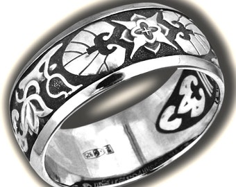 Byzantine Ornament Silver 925 Solid Orthodox Christian Ring. Mother of God Prayer in Old Slavonic