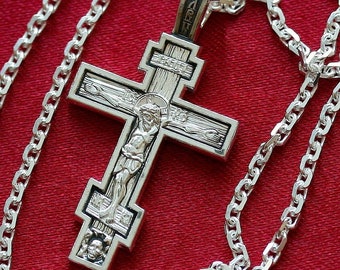 Medium Body Cross + Anchor Chain Set. Russian Orthodox Jewelry. Save And Protect Prayer. Silver 925