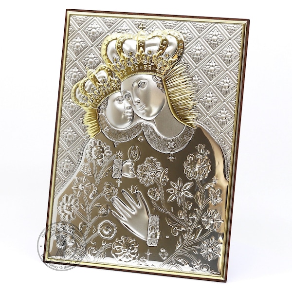 Catholic Wood Icon Our Lady of Calvary. Silver Plated .999 Oklad Riza ( 7.0" X 5.2" ) 18cm X 13cm
