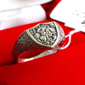 Anello da preghiera greco-ortodosso russo guerriero e drago di San Giorgio, anello da chiesa cristiana in argento 925