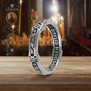 Christliche Trauring Silber 925 Russisch-Orthodox. Heilige Vögel. Speichern und schützen Sie das Gebet