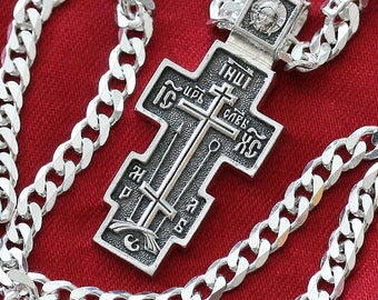 Russian Orthodox Jewelry Set Body Cross Save And Protect Prayer + Chain. Sterling Silver 925. Blessed