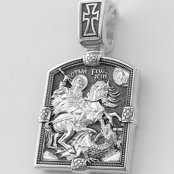 Silver St George Mens Necklace Christian Orthodox Pendant St George With Dragon Medal Greek Russian Protective Amulet