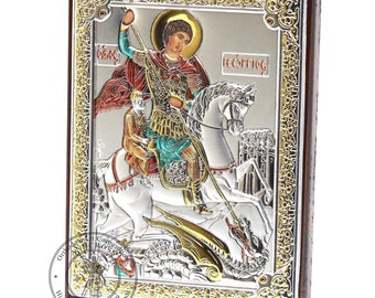 Medium Wooden Russian Orthodox Icon St George Warrior. Silver Plated .999 Oklad Riza ( 3.1&quot; X 4.3&quot; ) 8cm X 11cm