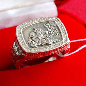Big Saint George Warrior & Dragon Russian Orthodox Prayer Ring Silver 925