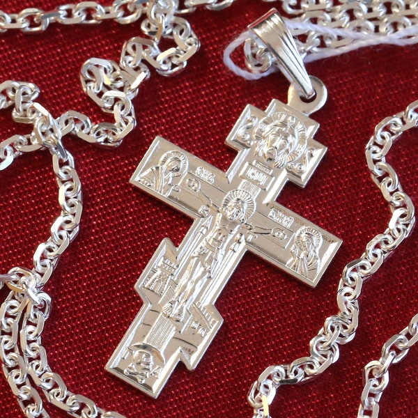 Ensemble de chaîne d'ancre de collier croix de baptême chrétien. Bijoux orthodoxes russes. Sauvez et protégez la prière. Argent sterling 925