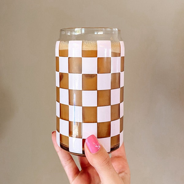 Checked Glass Cup, Iced Coffee Glass Cup, Holiday Gift Ideas, Trendy Glass Cup