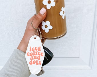 Iced Coffee And Dogs Keychain, Retro Motel Keychain, Trendy Keychain