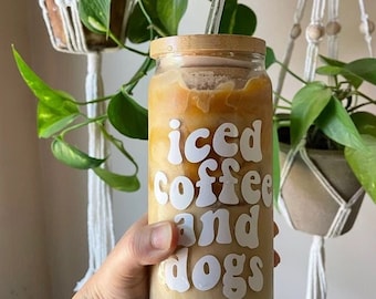 Iced Coffee And Dogs Glass Cup, Iced Coffee Glass Cup, Dog Lover, Holiday Gift Idea for Dog Lover, Christmas Gift Idea