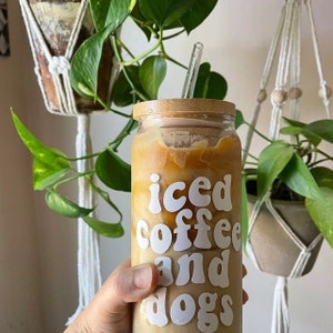 Iced Coffee And Dogs Glass Cup, Iced Coffee Glass Cup, Dog Lover, Holiday Gift Idea for Dog Lover, Christmas Gift Idea