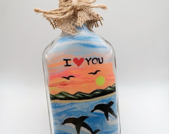 SAND ART Personalized Glass Bottle, Art Object, Dolphins(Valentine's Day Gift)