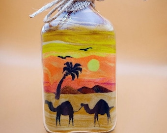 SAND ART Bouteille en verre personnalisée, Désert de chameaux, Jordanie, Style égyptien, Objet d'art (Cadeau de Saint-Valentin)