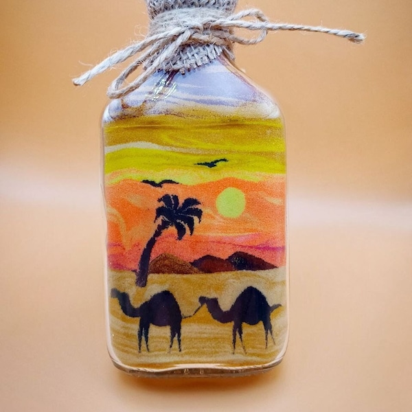 SAND ART Personalized Glass Bottle, Camel Desert, Jordan, Egypt Style, Art Object (Valentine's Day Gift)