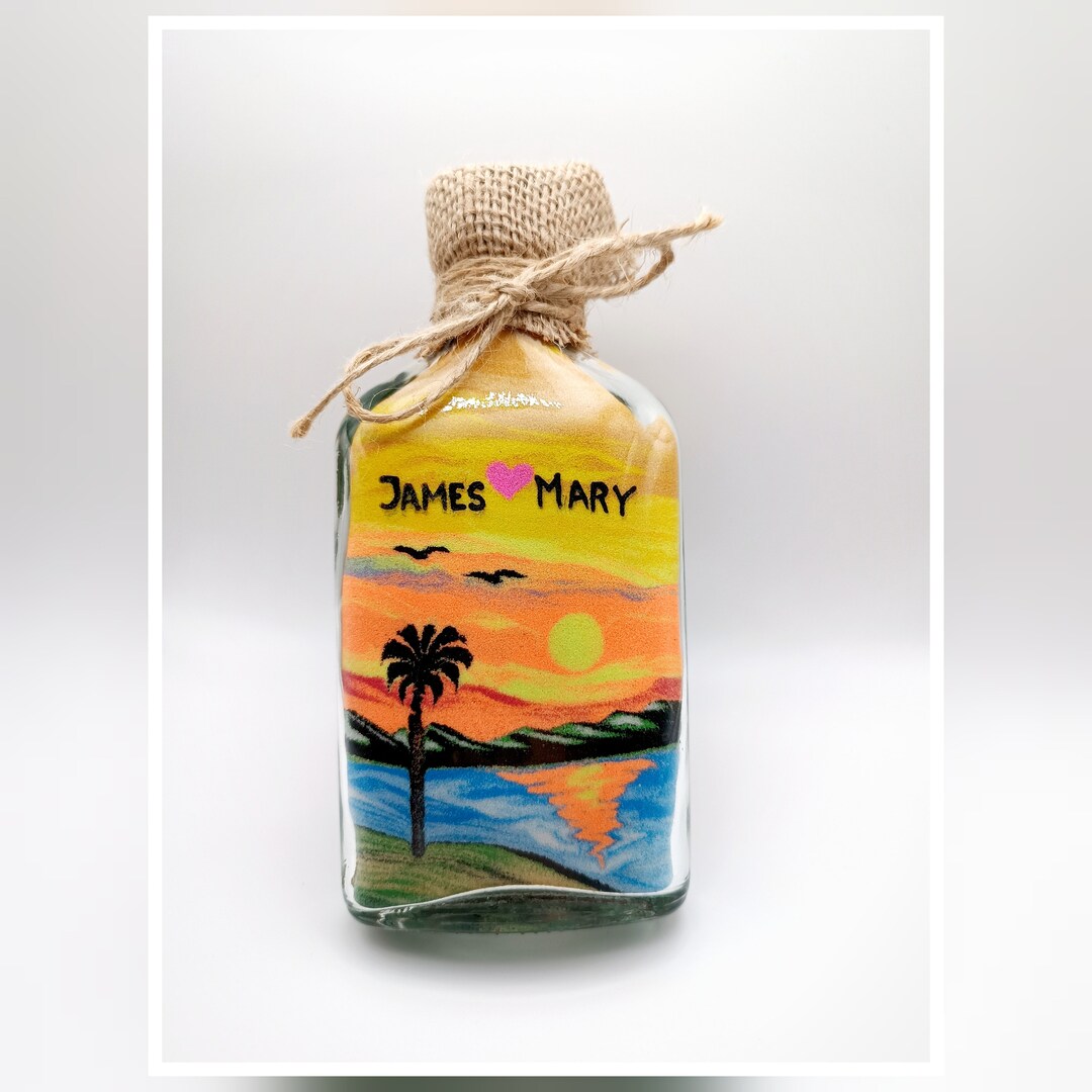 SAND ART Personalized Glass Bottle, Island Sunset, Orange Art Object