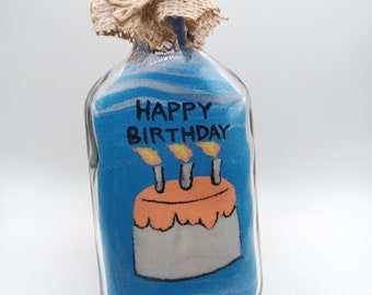 Cadeau personnalisé bouteille en verre SAND ART, gâteau d'anniversaire (cadeau Saint-Valentin)
