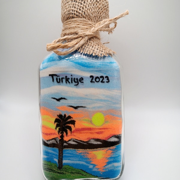 SAND ART Personalized Glass Bottle, Island, Sunset (Valentine's Day Gift)