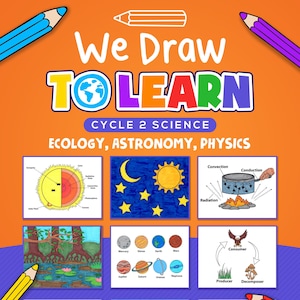 Puede incluir: Una ilustración colorida con el texto "We Draw To Learn" y "Cycle 2 Science" sobre una cuadrícula de nueve imágenes. Las imágenes representan varios conceptos científicos, incluyendo las capas de la Tierra, el sistema solar, la transferencia de calor y la cadena alimentaria. Las imágenes están dibujadas en un estilo de dibujos animados con colores brillantes.