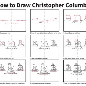 May include: A nine-step instructional guide titled How to Draw Christopher Columbus, featuring black and red line drawings of three ships on water. Each step shows the progression from drawing wavy water lines to adding sails, crosses, flags, and details.