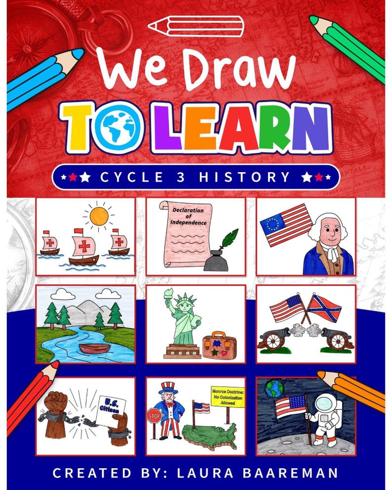 May include: A history educational book cover titled We Draw TO LEARN CYCLE 3 HISTORY. The red background features colored pencils and nine illustrated squares depicting historical scenes including ships, the Declaration of Independence, and an astronaut.