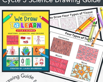 May include: A Cycle 3 Science Drawing Guide educational resource featuring a cover page titled We Draw To Learn with anatomy, chemistry, and origin illustrations. Includes coloring pages showing four types of tissue: connective, muscle, epithelial, and nerve.