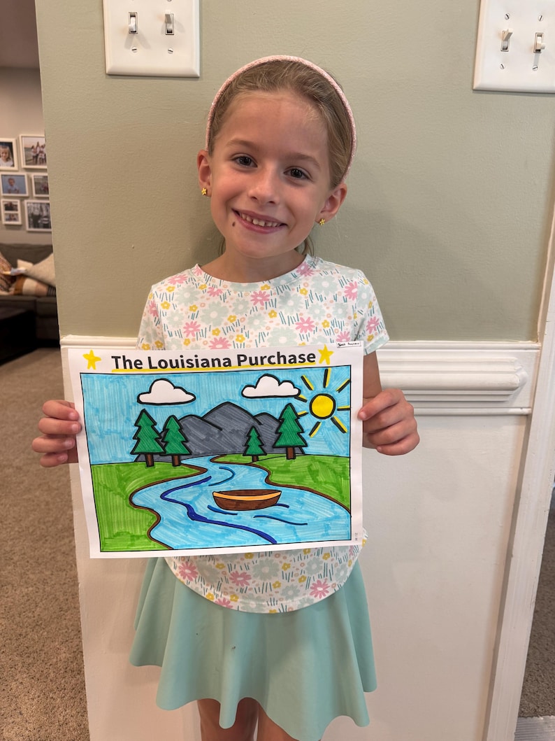 May include: A white sheet of paper featuring a colorful hand-drawn illustration titled The Louisiana Purchase. The drawing depicts a blue river, a brown boat, green pine trees, grey mountains, white clouds, and a yellow sun in a blue sky.