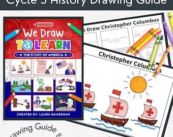 May include: A Cycle 3 History Drawing Guide titled We Draw To Learn The Story Of America by Laura Baareman. The cover features colorful illustrations of historical events and figures. Included are drawing and coloring pages of Christopher Columbus.