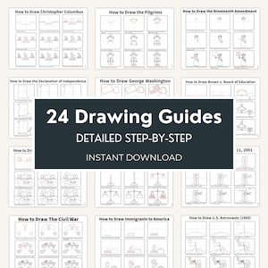 May include: A collection of 24 step-by-step drawing guides featuring historical themes like Christopher Columbus, the Pilgrims, the Nineteenth Amendment, George Washington, and U.S. astronauts, presented in a grid layout with black and white line art.