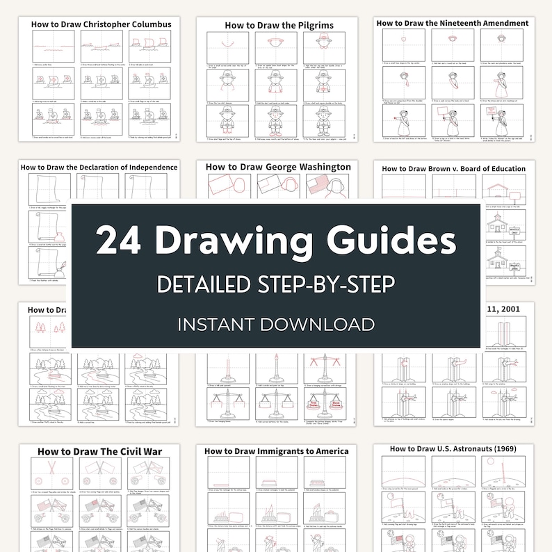 May include: A collection of 24 step-by-step drawing guides featuring historical themes like Christopher Columbus, the Pilgrims, the Nineteenth Amendment, George Washington, and U.S. astronauts, presented in a grid layout with black and white line art.