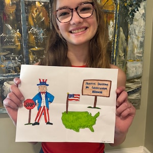 May include: A hand-drawn illustration on white paper featuring Uncle Sam holding a red stop sign next to a green map of the United States with an American flag and a sign that reads Monroe Doctrine No Colonization Allowed in blue and black ink.
