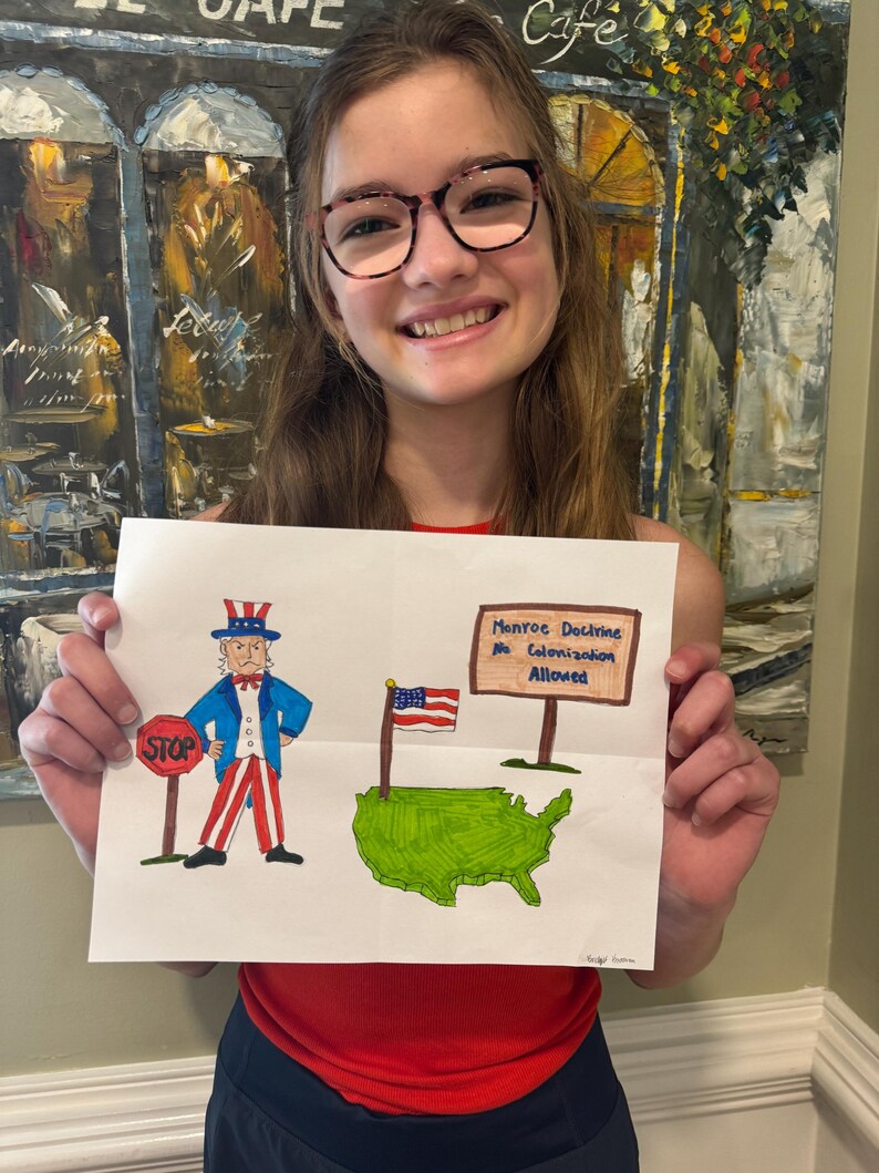 May include: A hand-drawn illustration on white paper featuring Uncle Sam holding a red stop sign next to a green map of the United States with an American flag and a sign that reads Monroe Doctrine No Colonization Allowed in blue and black ink.
